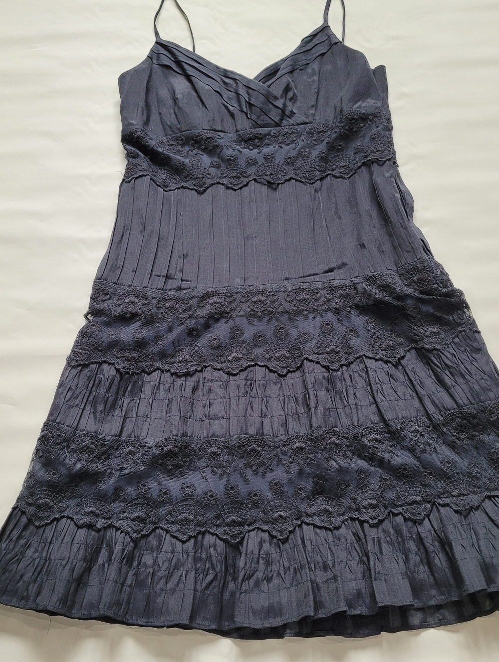 Ann Taylor Silk Cotton Black Charcoal Lace-Trim Tiered Midi Dress